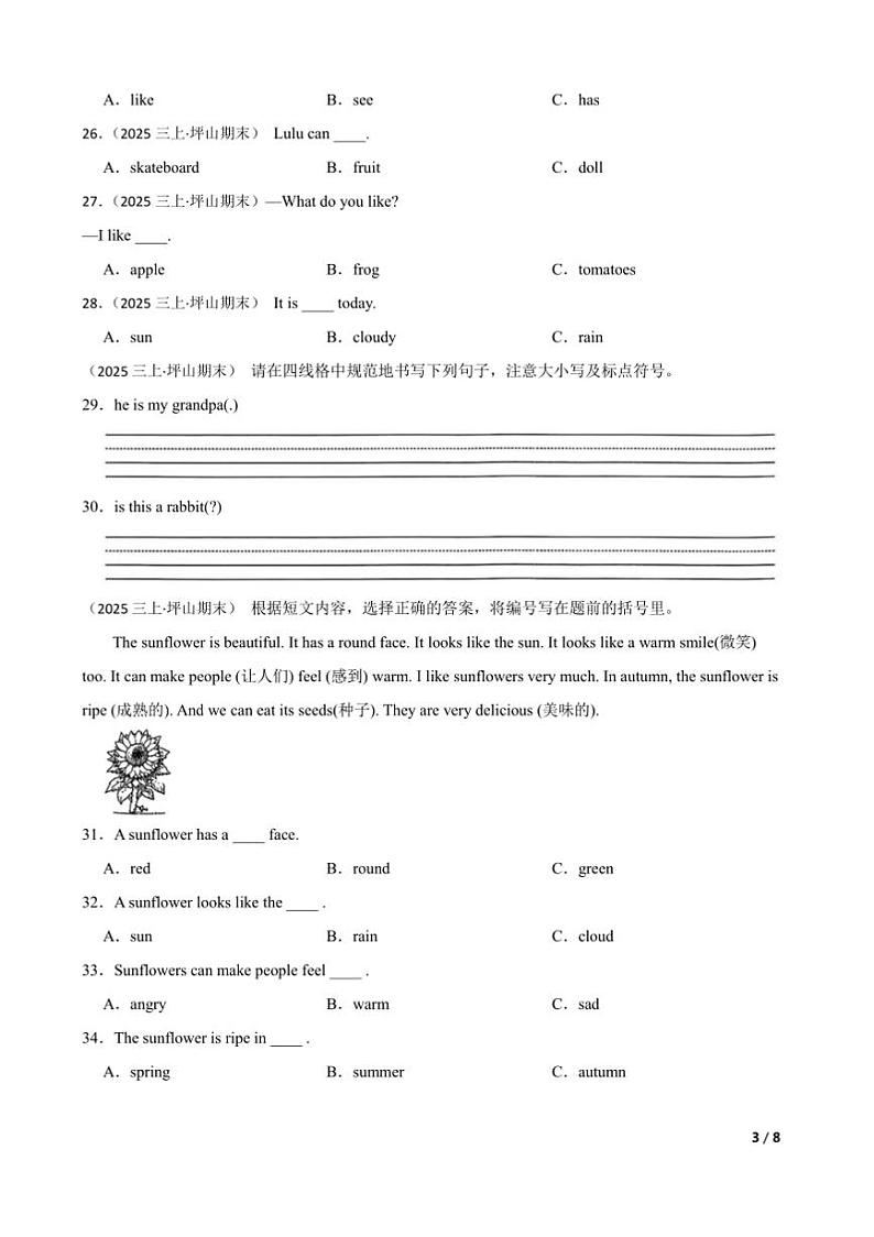 2024~2025学年广东省深圳市坪山区三年级上1月英语期末试卷第3页