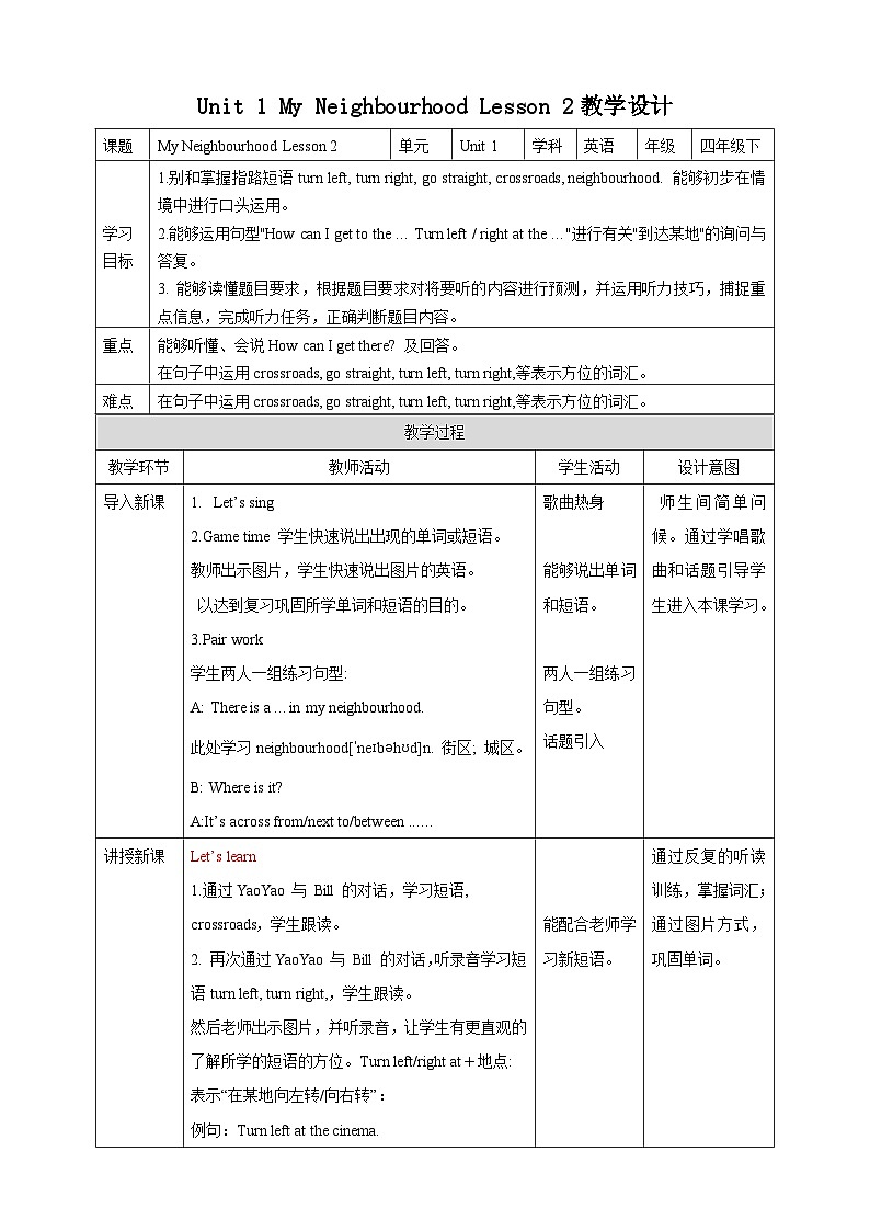 人教版(新起点)英语四下 Unit 1 Neighbourhood lesson 2 教案第1页