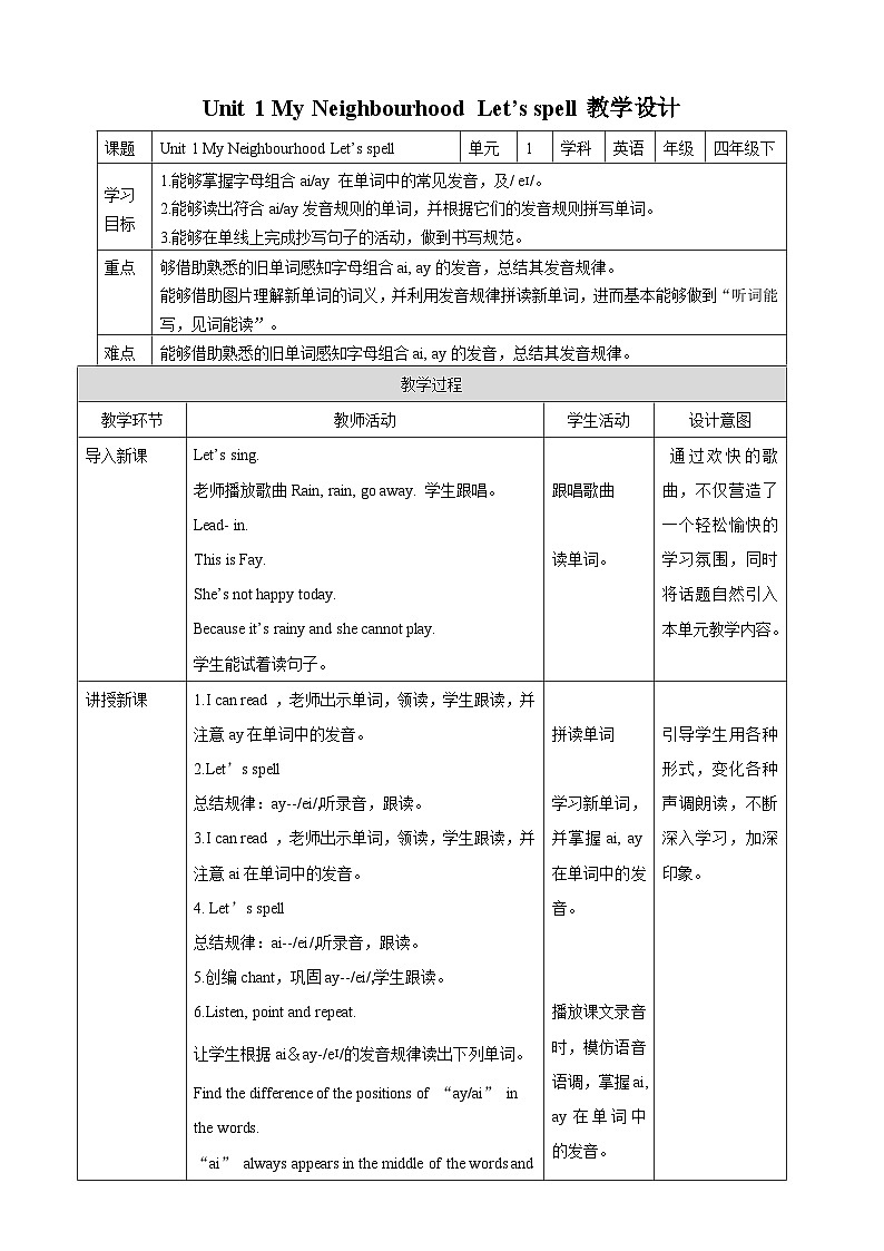 人教版(新起点)英语四下 Unit 1 Neighbourhood Let's spell 教案第1页