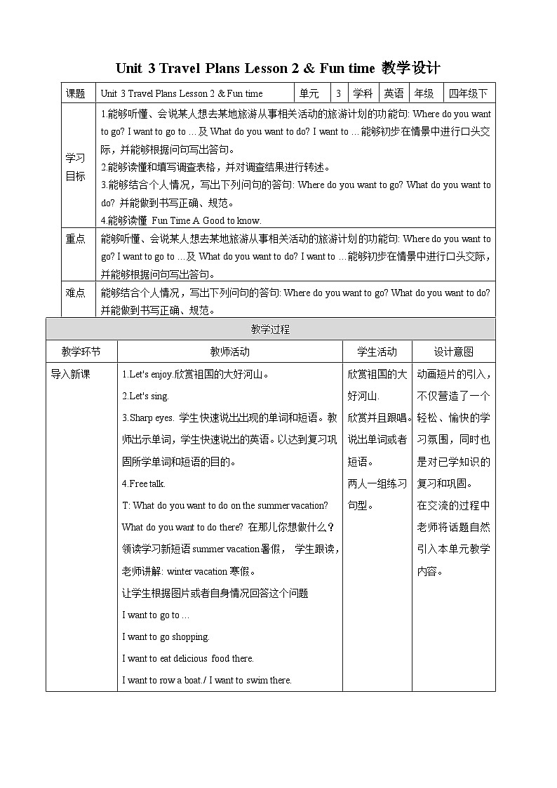 人教版(新起点)英语四下 Unit 3 Travel Plans lesson 2 & Fun time 教案第1页