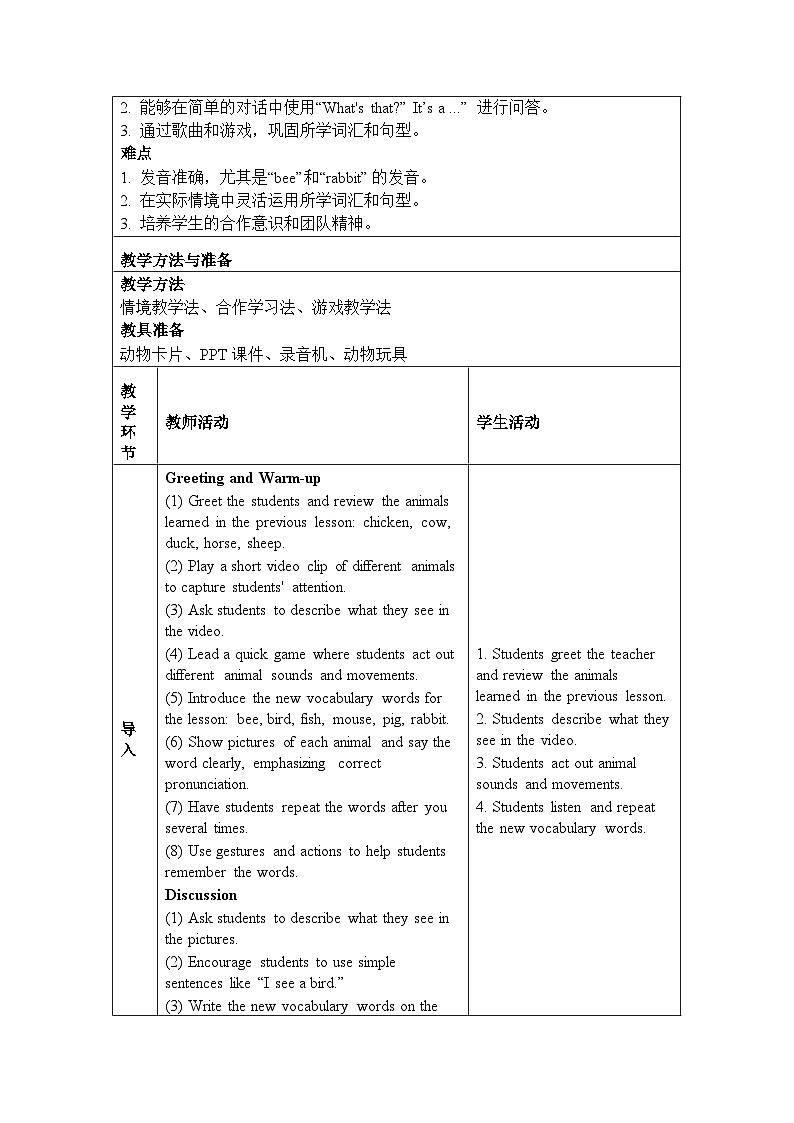 Unit 5 Animals Lesson 2(教学设计)-2024-2025学年人教精通版(2024)英语三年级下册第2页