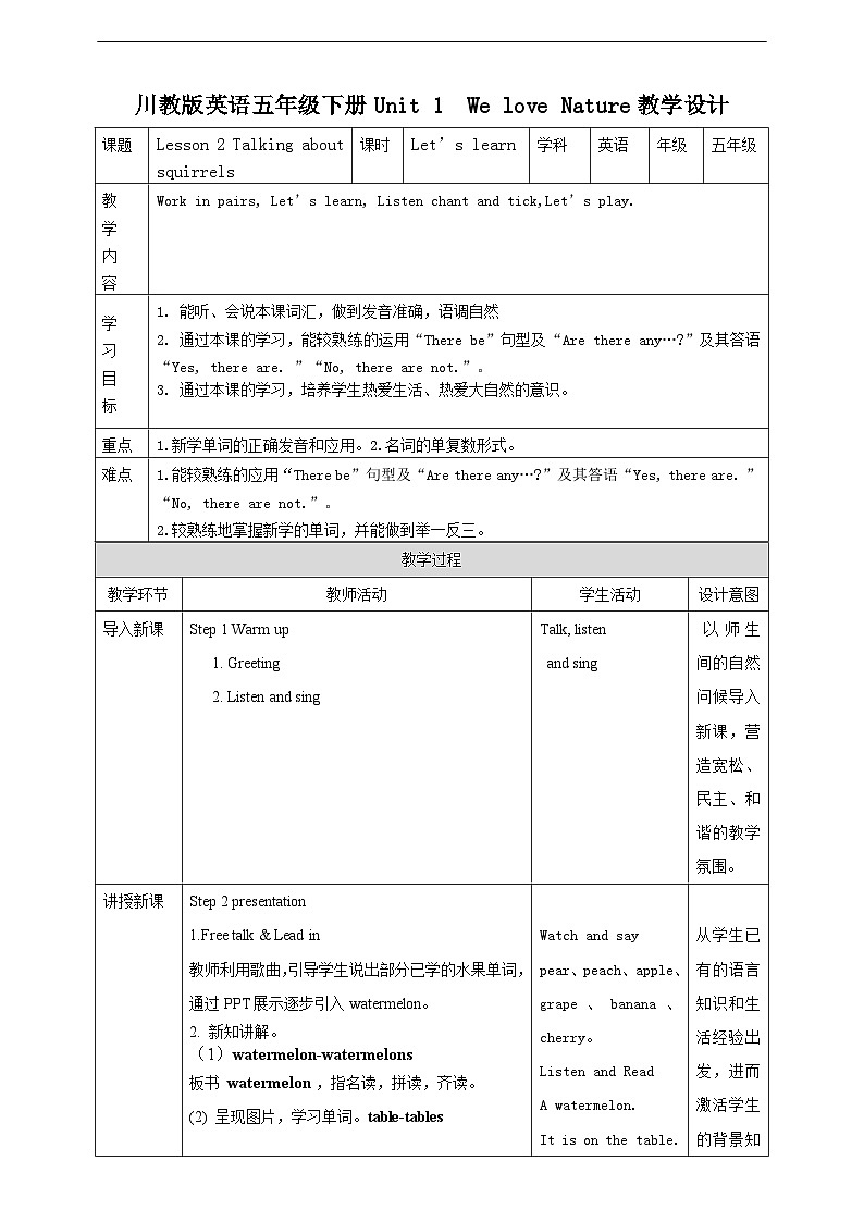 川教版(三起点)英语五下 Unit 1 Lesson 2《Talking about squirrels Let’s learn》教案第1页