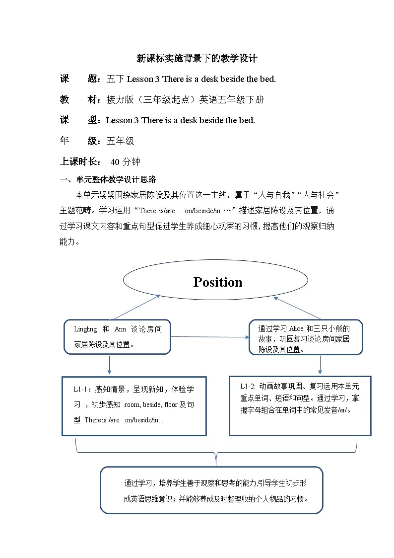 接力版英語五下 Lesson 3《There is a desk beside the bed. 》Period 1 教案第1頁