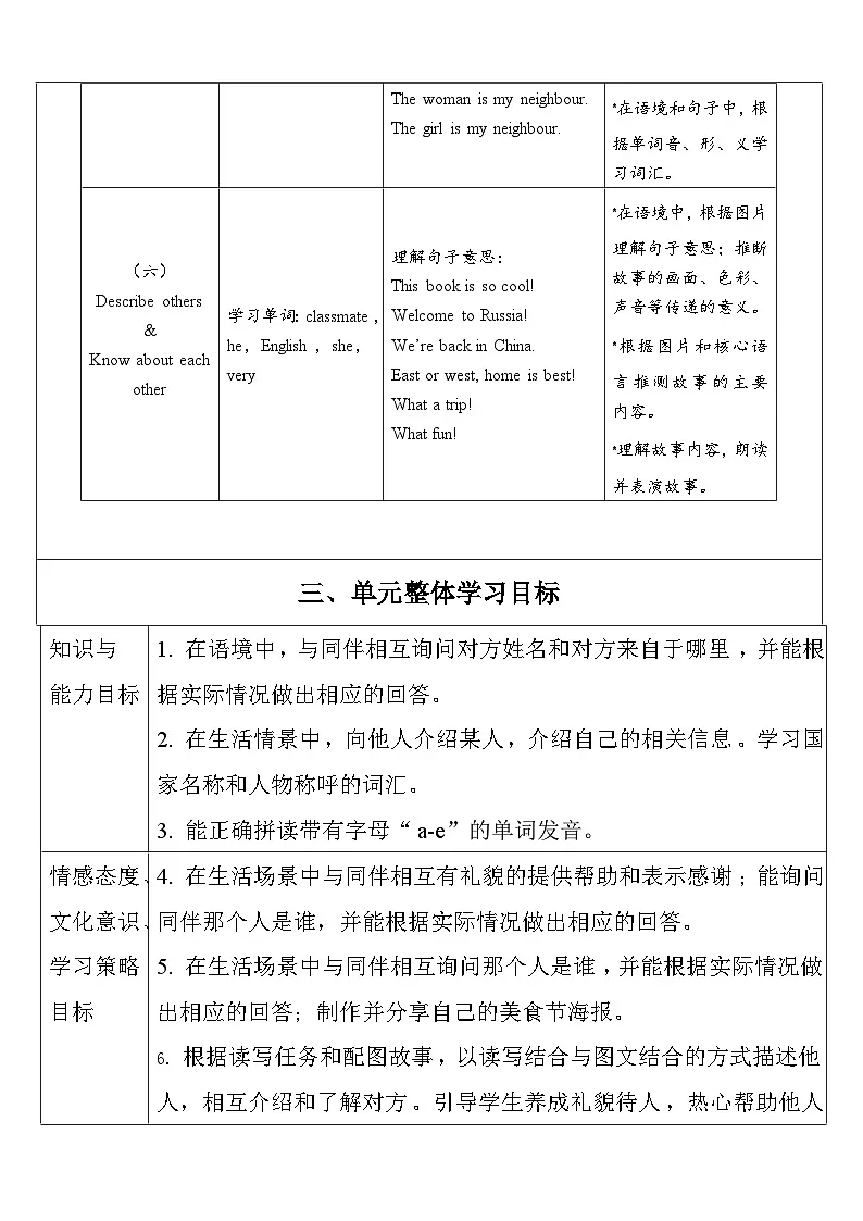 【单元整体教学设计】Unit 1 Meeting new people PB Let's learn 教案第3页