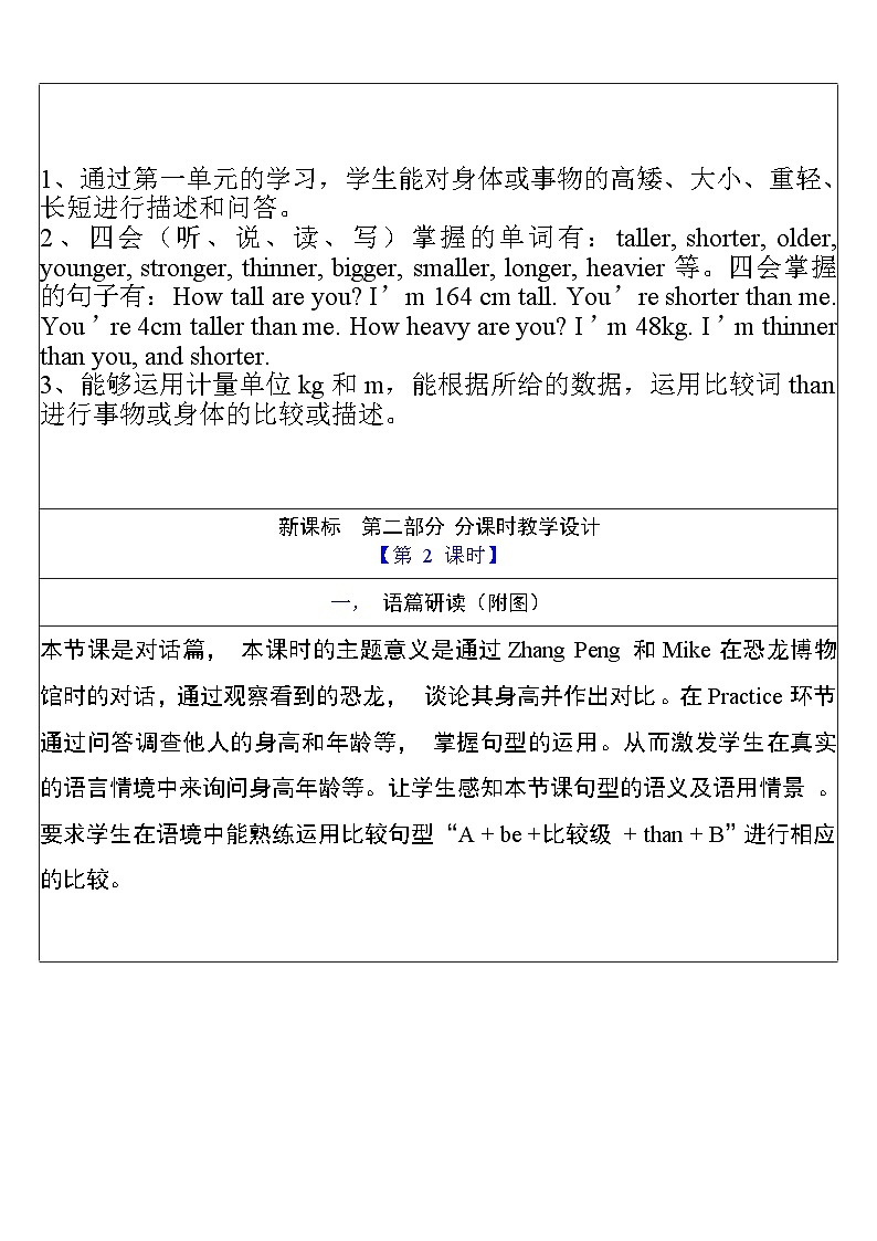 【单元整体教学设计】Unit 1 How tall are you PA Let's talk 教案第3页
