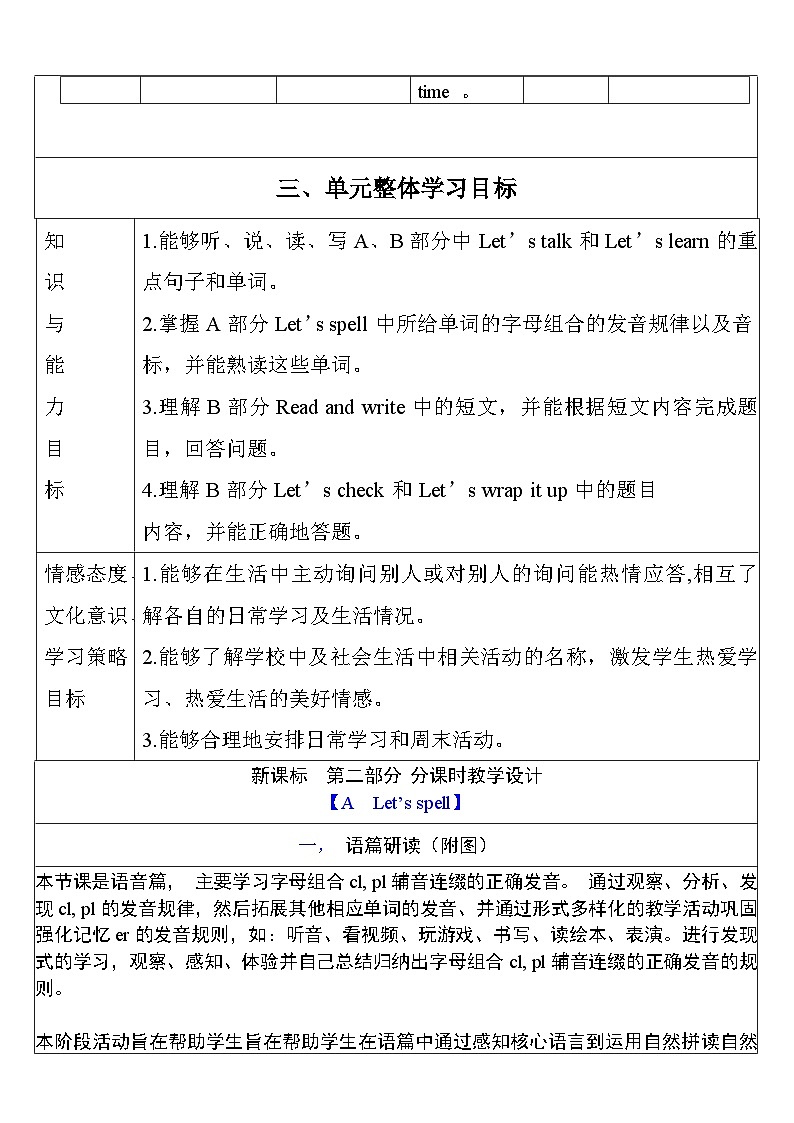 【单元整体教学设计】Unit 1 My day PA Let's spell 教案第3页
