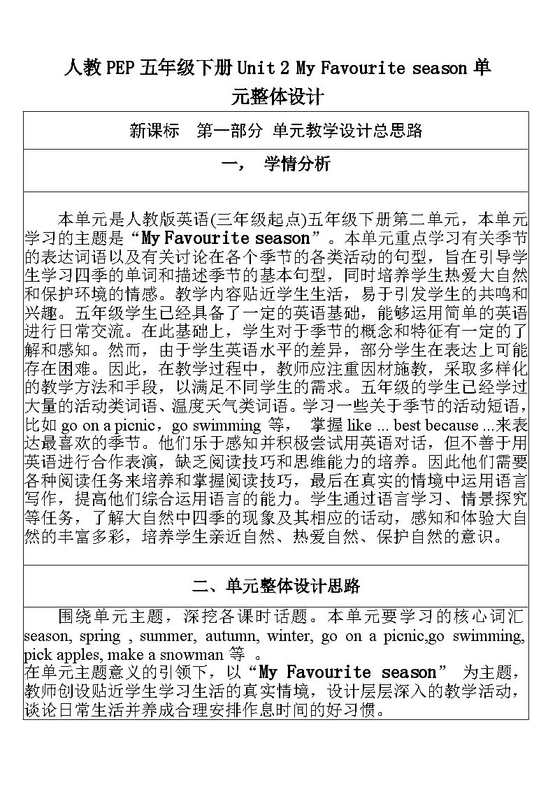 【单元整体教学设计】Unit 2 My favourite season PA Let's spell 教案第1页