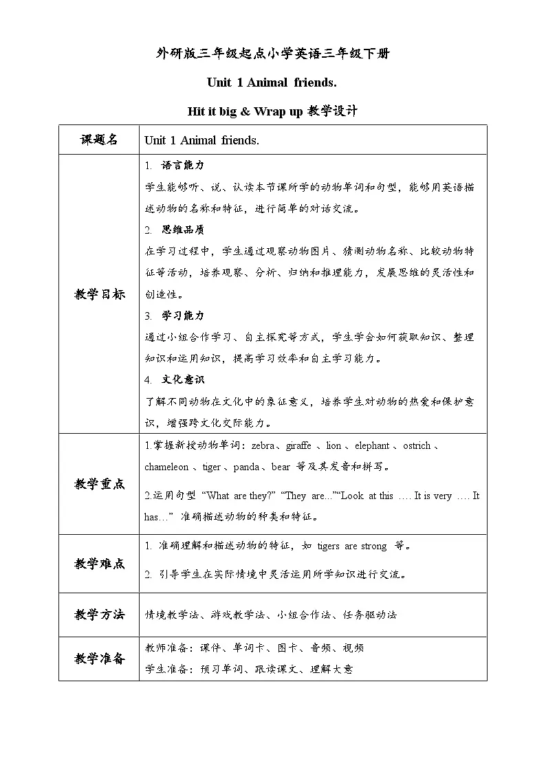 外研(孙有中2024)英语 三下 Unit1 第3课时Hit it big Wrap up教学设计第1页