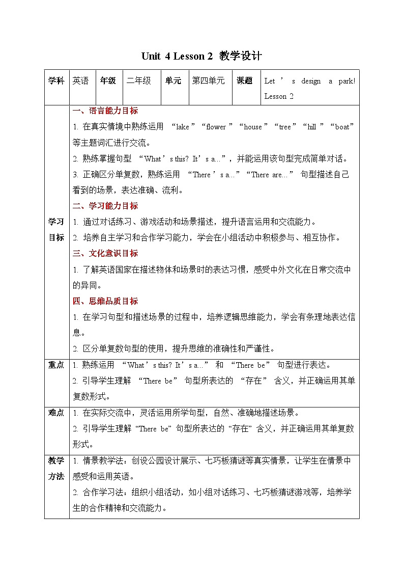 人教PEP2024英语 二下 Unit 4 Lesson 2 教学设计第1页