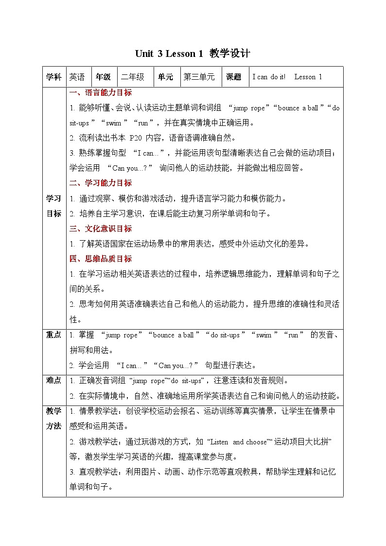 人教PEP2024英语 二下 Unit 3 Lesson 1 教学设计第1页