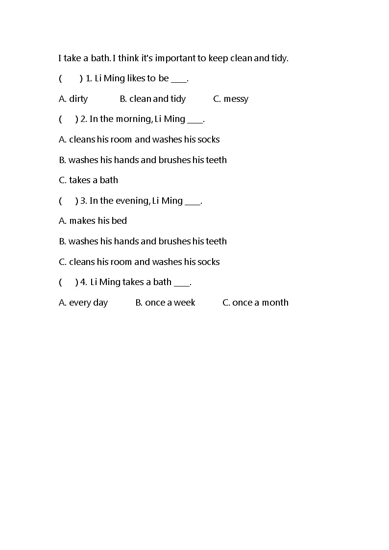 冀教版小学英语三年级下册 Unit3 Lesson4 I like to be clean and tidy. 同步练习第3页