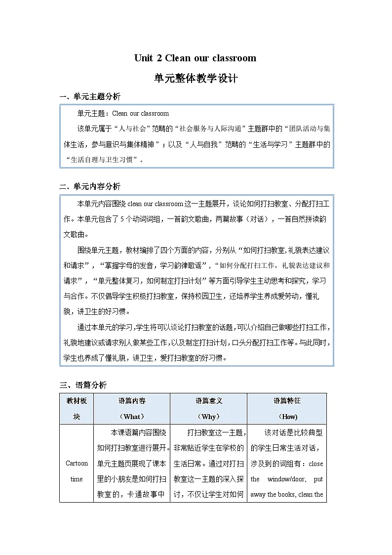 Unit 2 Clean our classroom 单元整体教学设计 英语译林版三起(2024)三年级下册第1页