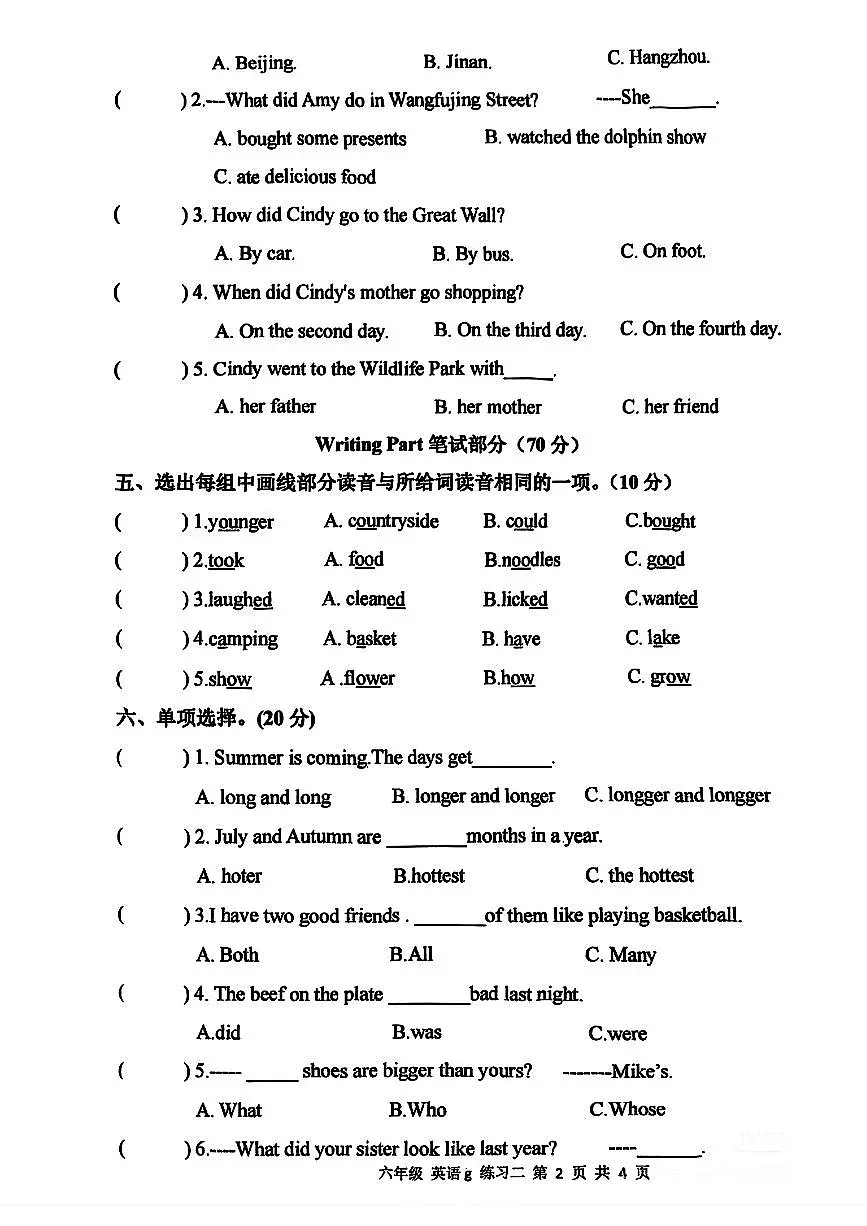 陕西省安康市白河县卡子仓房小学2024-2025学年六年级下学期期中英语试题第2页
