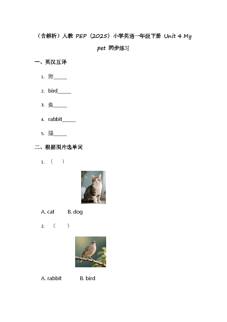 (含解析)人教 PEP(2025)小学英语一年级下册 Unit 4 My pet 同步练习第1页