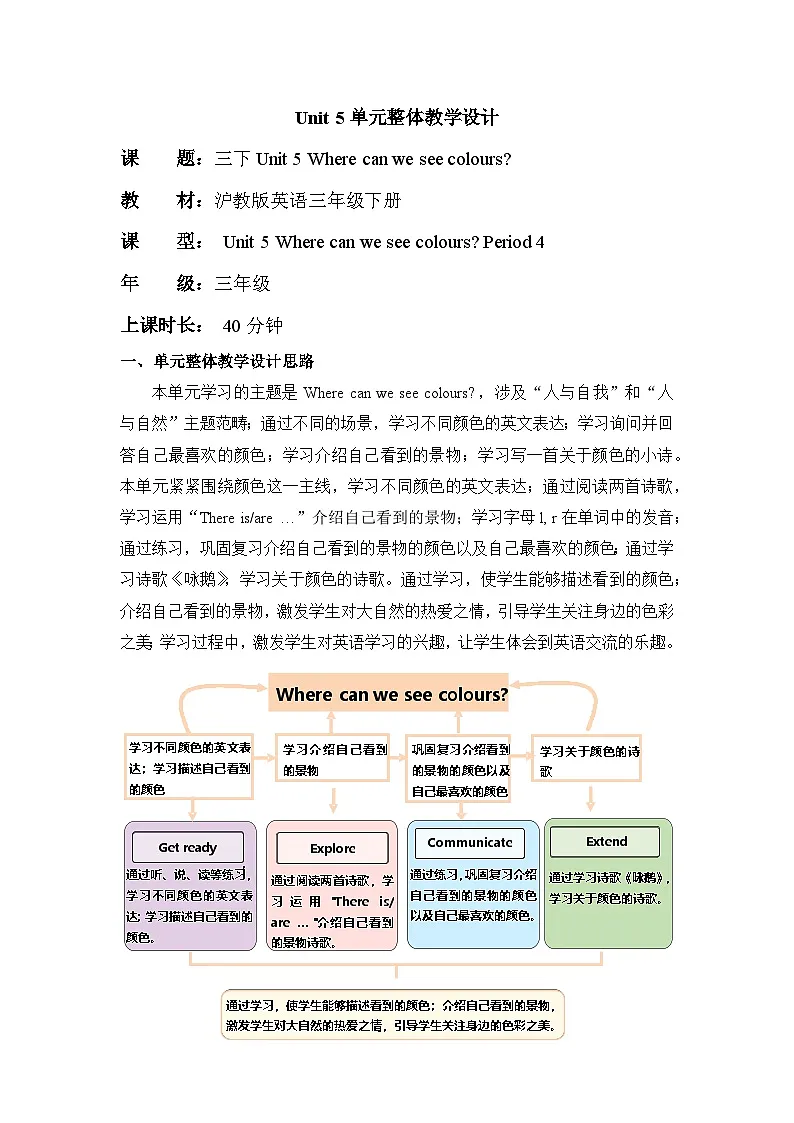 Unit 5 Where can we see colours Period 4 Extend 单元教学设计-新沪教版三下第1页
