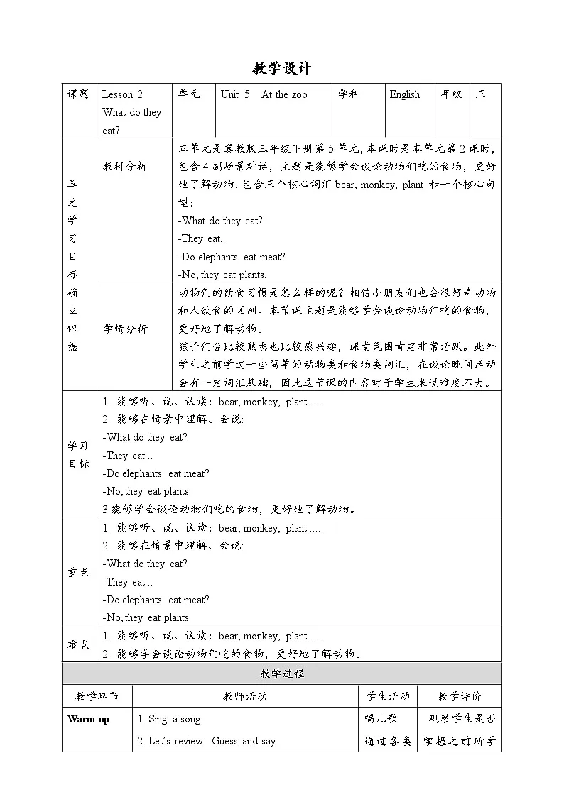 Unit 5 At the zoo Lesson 2 What do they eat 教案第1页