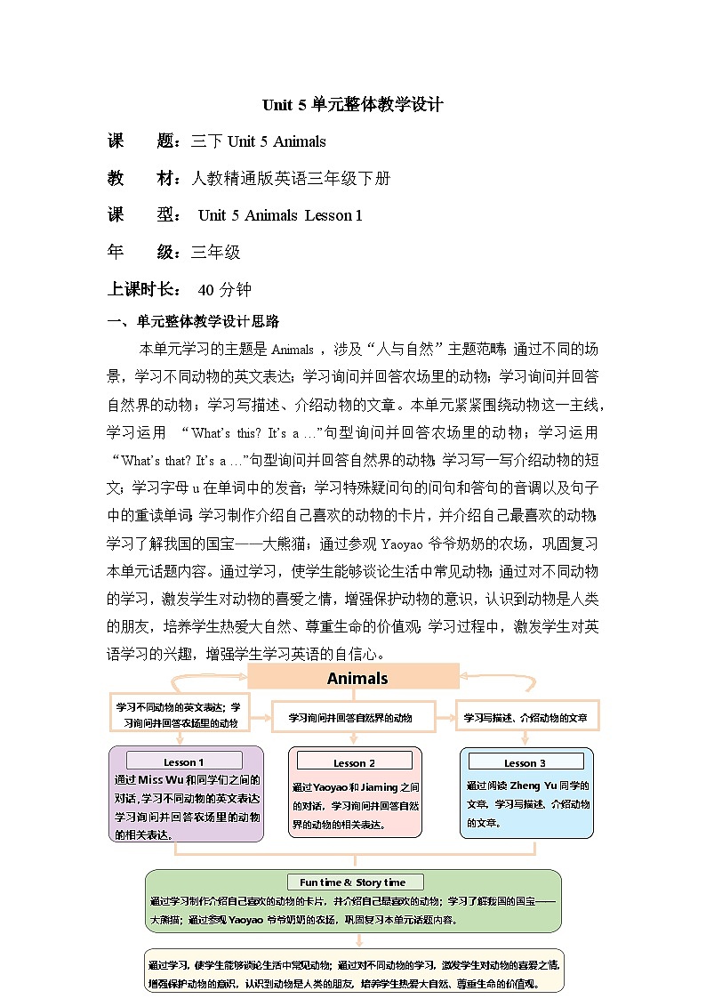 Unit 5 Animals Lesson 1 教学设计第1页