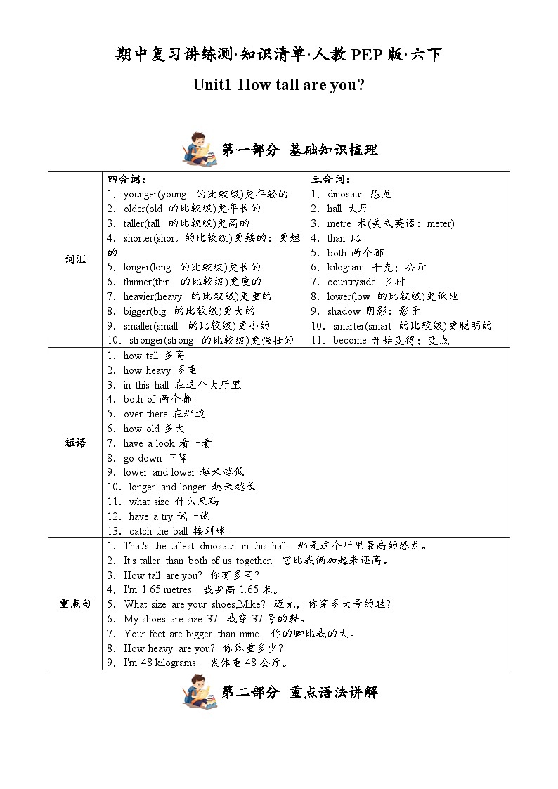 Unit1(知识清单)-2024-2025学年六年级英语下学期期中复习讲练测(人教PEP版)-A4第1页