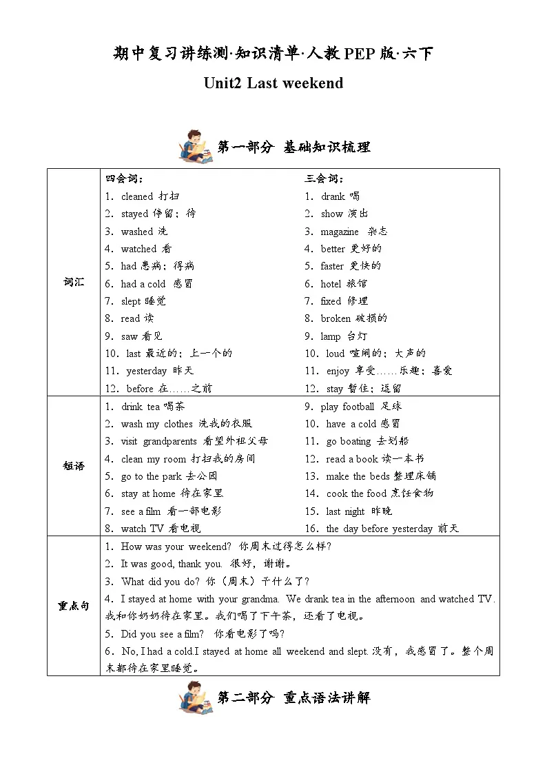 Unit2(知识清单)-2024-2025学年六年级英语下学期期中复习讲练测(人教PEP版)-A4第1页