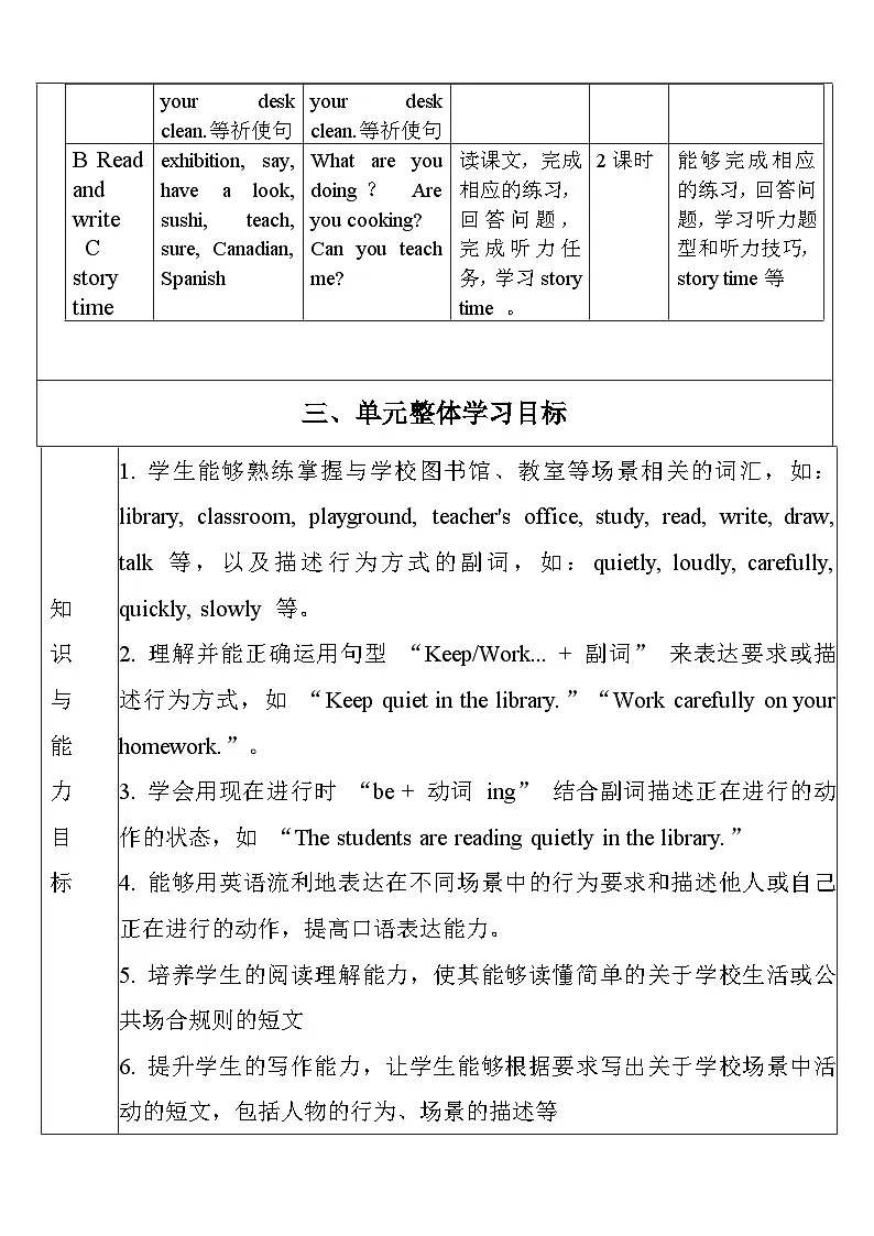 【单元整体教学设计】Unit 6 Work quietly PB Let's learn 教案第3页