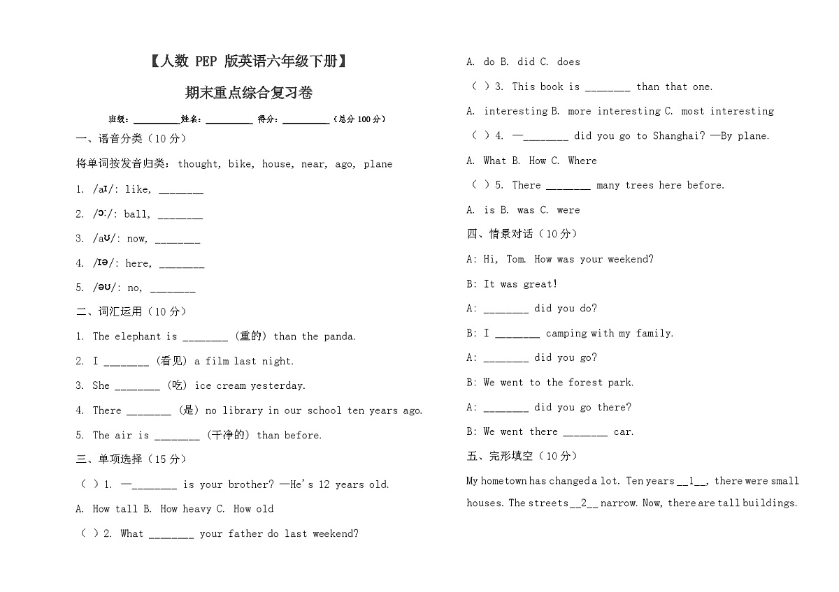 期末重点综合复习卷(专项训练)-2024-2025学年人教PEP版(2012)英语六年级下册第1页