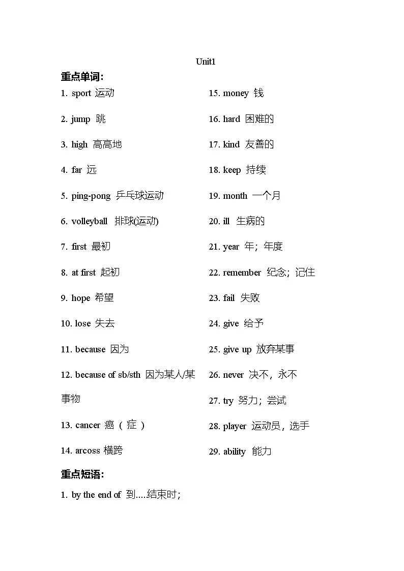 外研版小学英语四年级Unit 1 I love sports 上册知识点梳理第1页