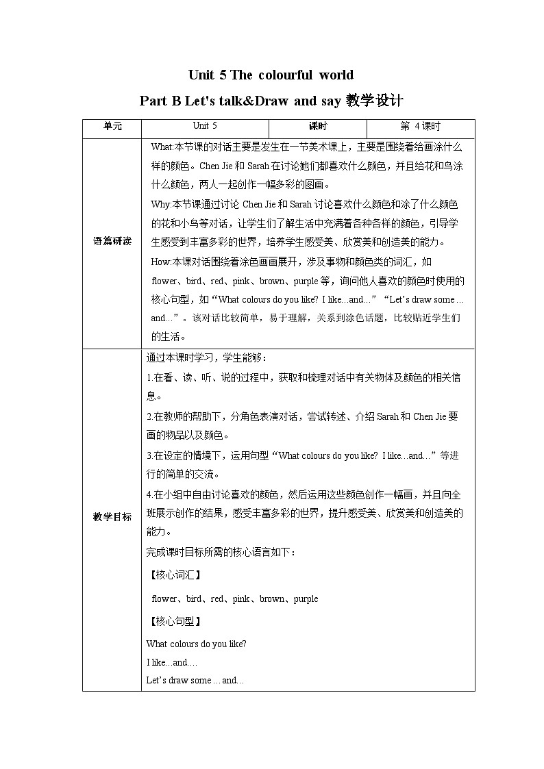 Unit5 第4课时 Part B Let's talk&Draw and say(教学设计)第1页