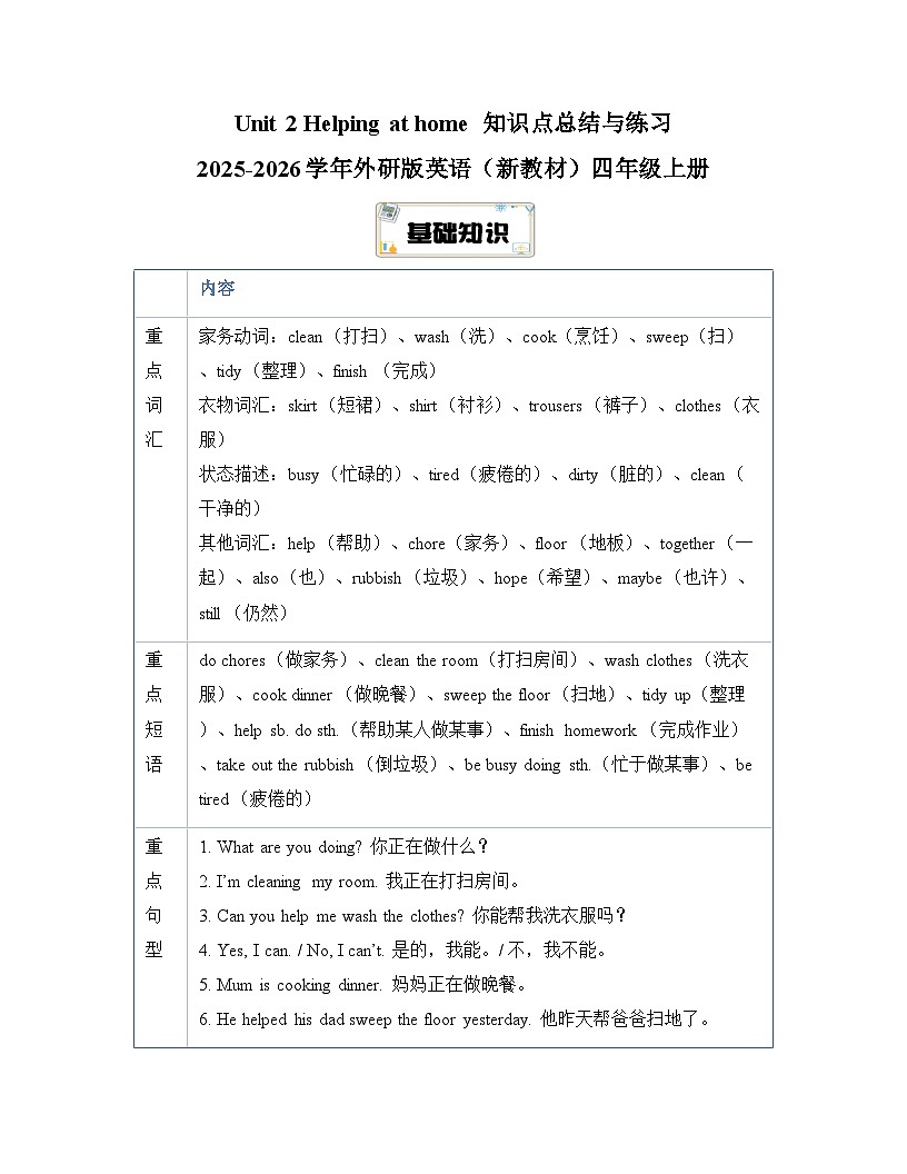 Unit 2 Helping at home 知识点总结与练习(含答案) 2025-2026学年外研版(三起)英语(新教材)四年级上册第1页
