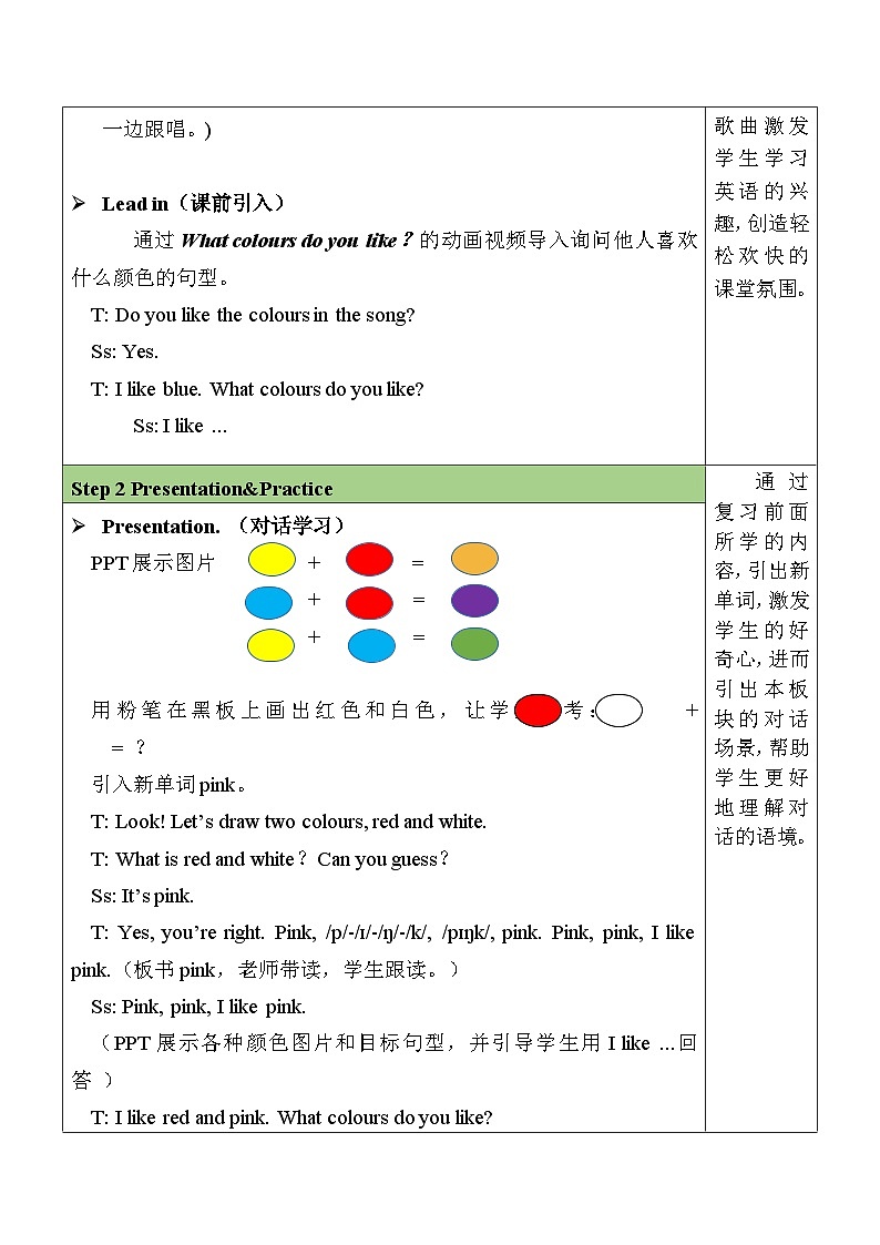 2025年人教三年级英语上册Unit 5 The colourful world Part B第四课时表格式教案第2页