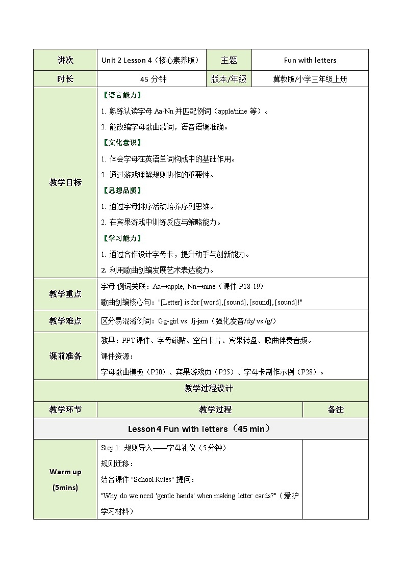 冀教版(三起)小学英语三年级上册 Unit2 lesson4 Fun with letters 教案第1页