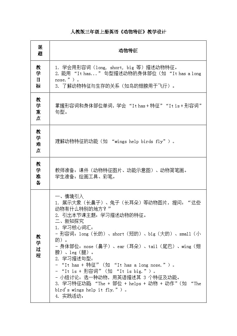 人教版三年級(jí)上冊(cè)英語(yǔ)第八節(jié)課《動(dòng)物特征》教案第1頁(yè)