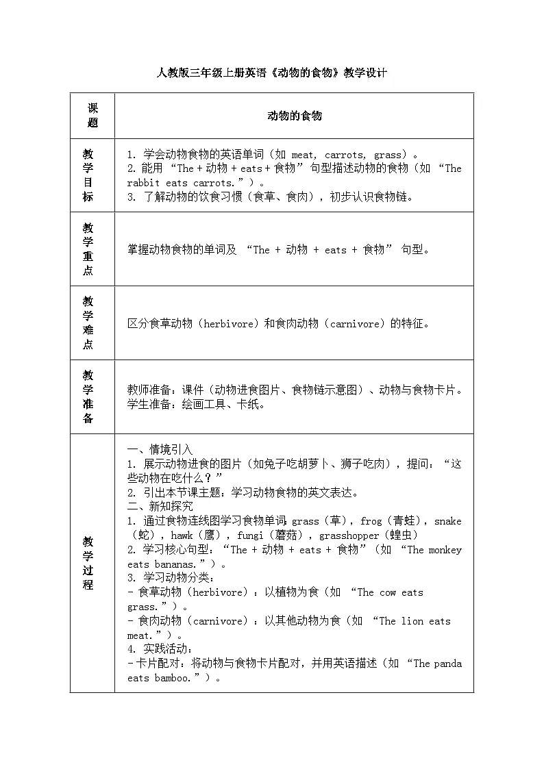 人教版三年级上册英语第九节课《动物的食物》教案第1页