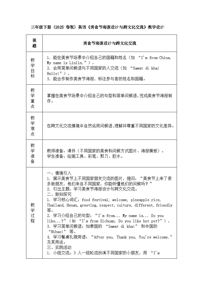 【人教版】三年级下册(2025春版)英语第三节课《Project Make a poster for the food festival》教案第1页