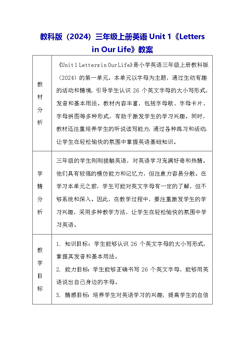 教科版(2024)三年级上册英语Unit 1《Letters in Our Life》教案第1页