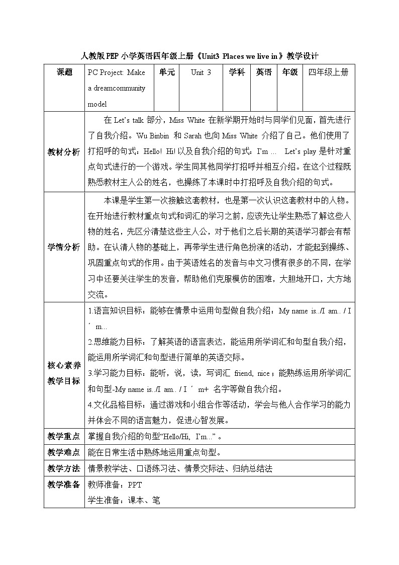 【任务型备课】人教版英语四上-Unit3 PartC Make a dream community model(教案)第1页