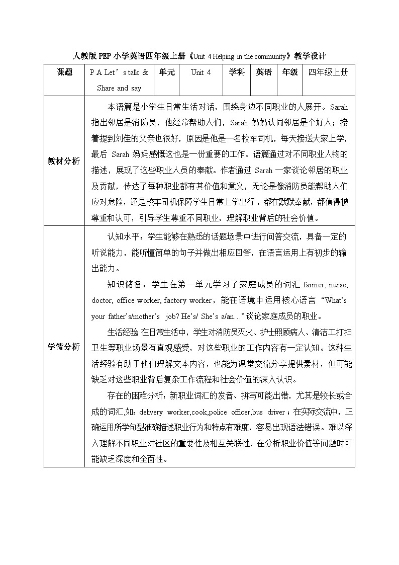 【任务型备课】人教版英语四上-Unit4 Part A Let’s talk & Share and say(教案)第1页