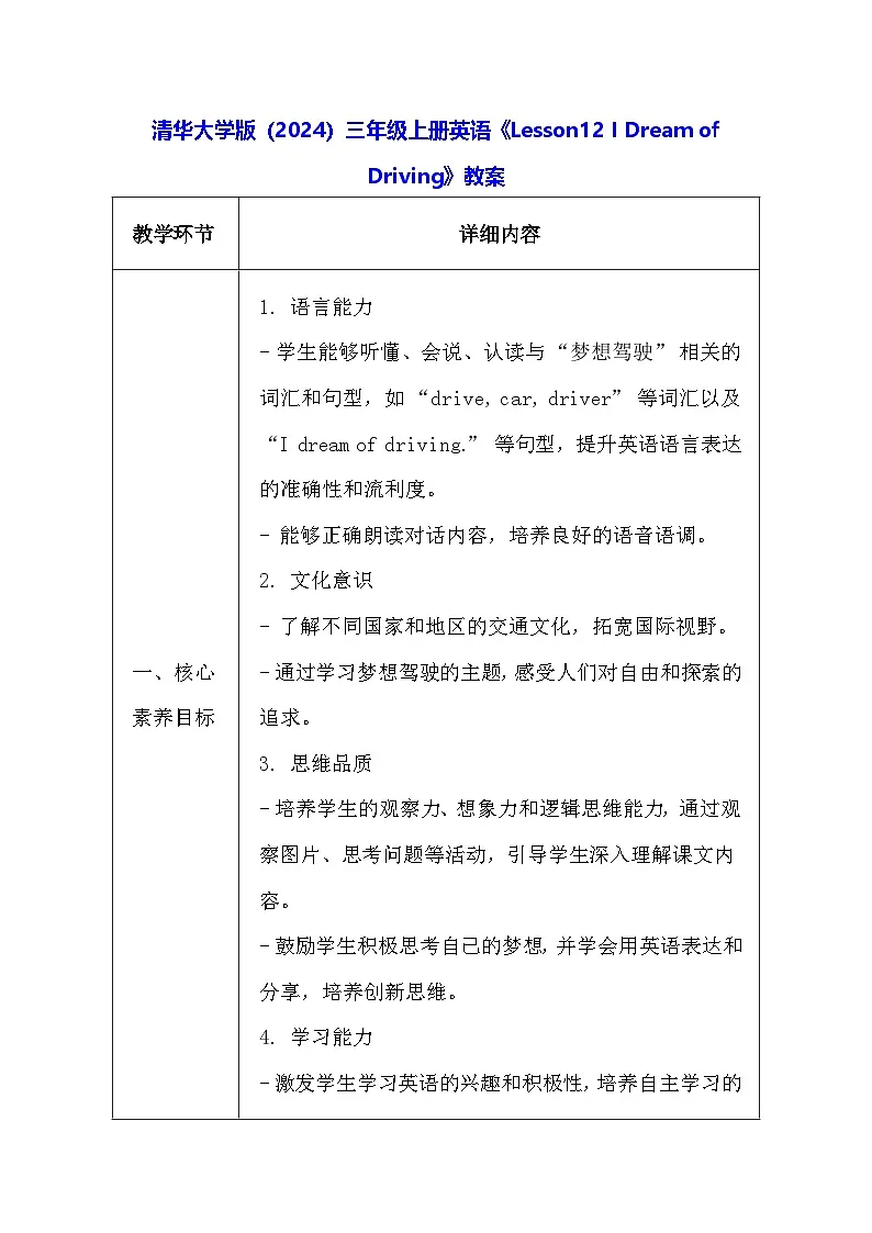 清华大学版(2024)三年级上册英语《Lesson12 I Dream of Driving》教案第1页