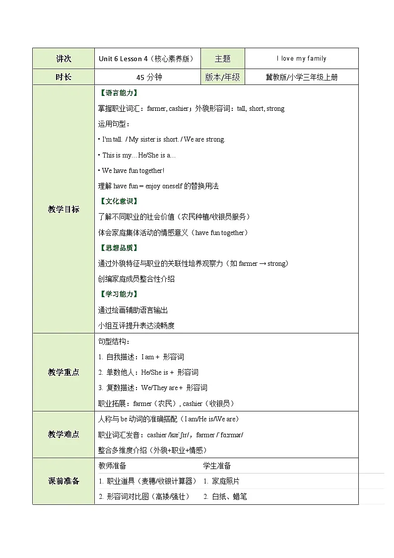 冀教版(三起)小学英语三年级上册Unit6 My family Lesson 4 I love my family教案第1页