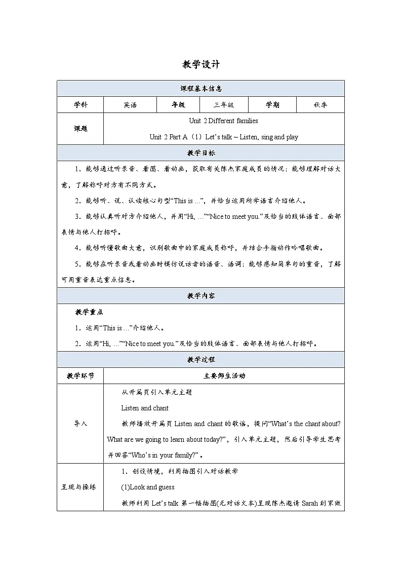 Unit 2 Part A(1)Let’s talk ~ Listen, sing and play 教案第1页