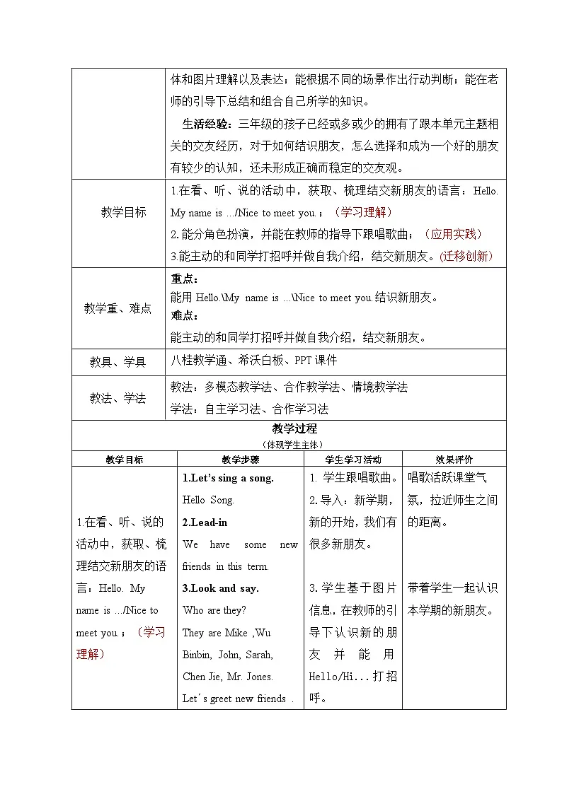 人教PEP版英语(2024)3年级上册Unit 1 Making friends Part A 教案 03第2页