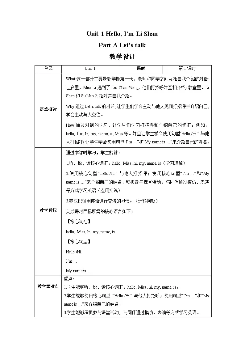 Unit 1 Hello I'm Li Shan Lesson 1 Part A Let's talk 教学设计第1页