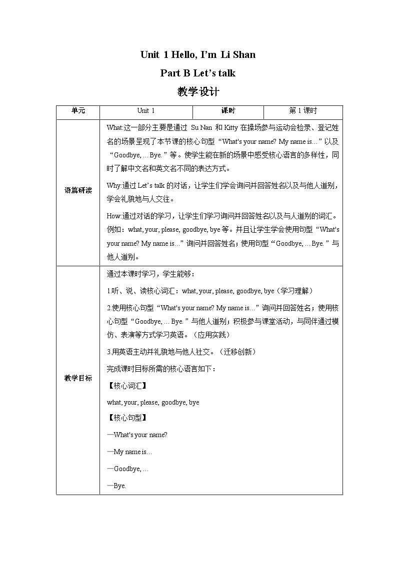 Unit 1 Hello I'm Li Shan Lesson 3 Part B Let's talk 教学设计第1页