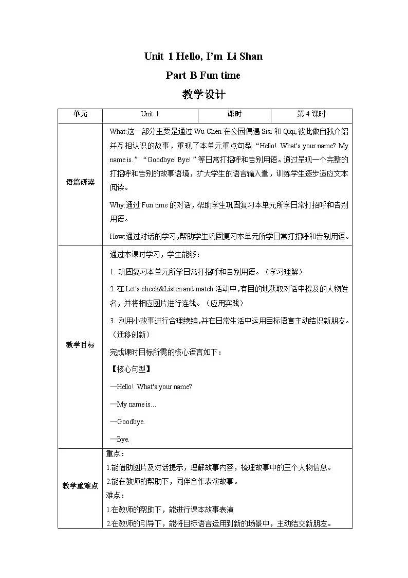 Unit 1 Hello I'm Li Shan Lesson 4 Part B Fun time 教学设计第1页