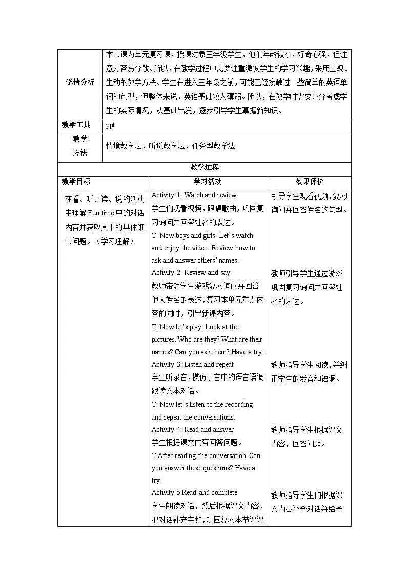 Unit 1 Hello I'm Li Shan Lesson 4 Part B Fun time 教学设计第2页
