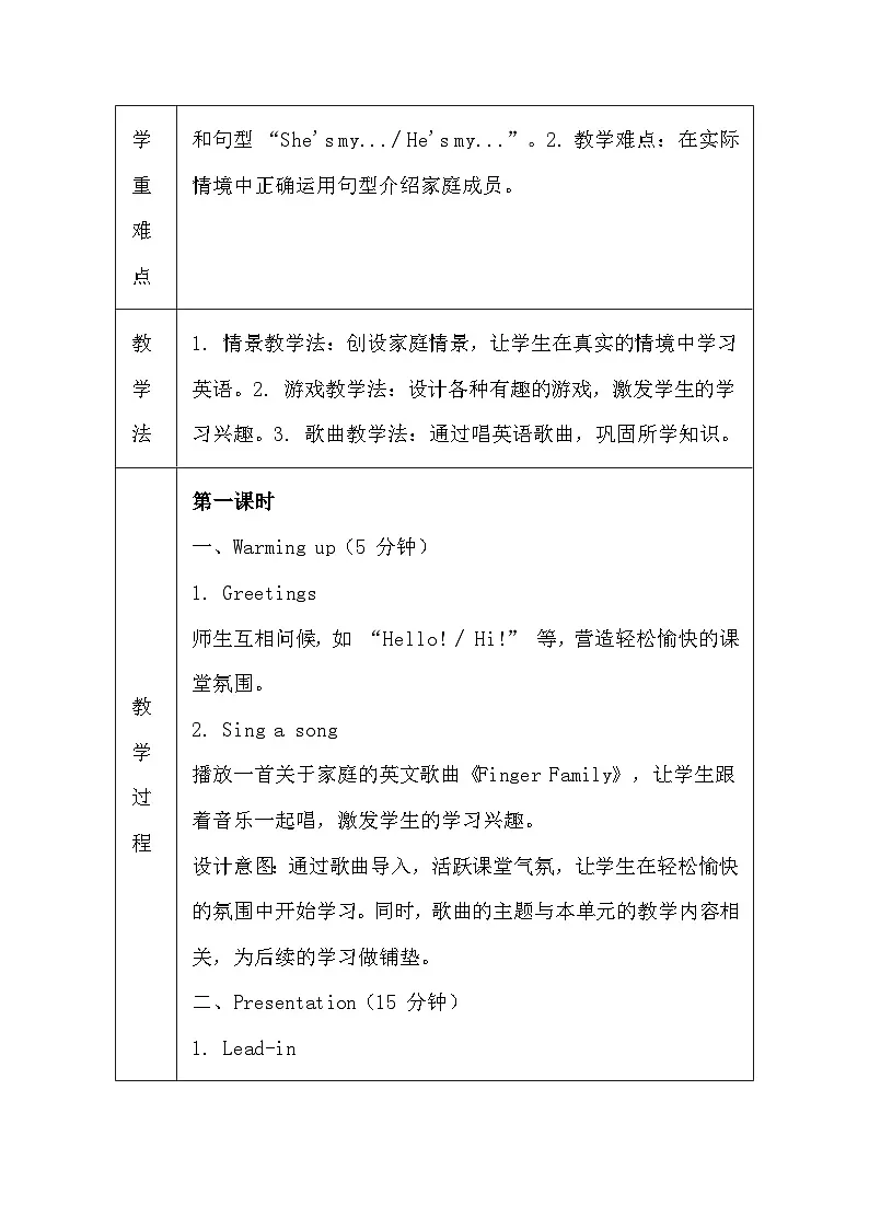 译林版(三起)(2024)三年级上册英语Unit 5 She's my mother教学设计(表格式)第2页