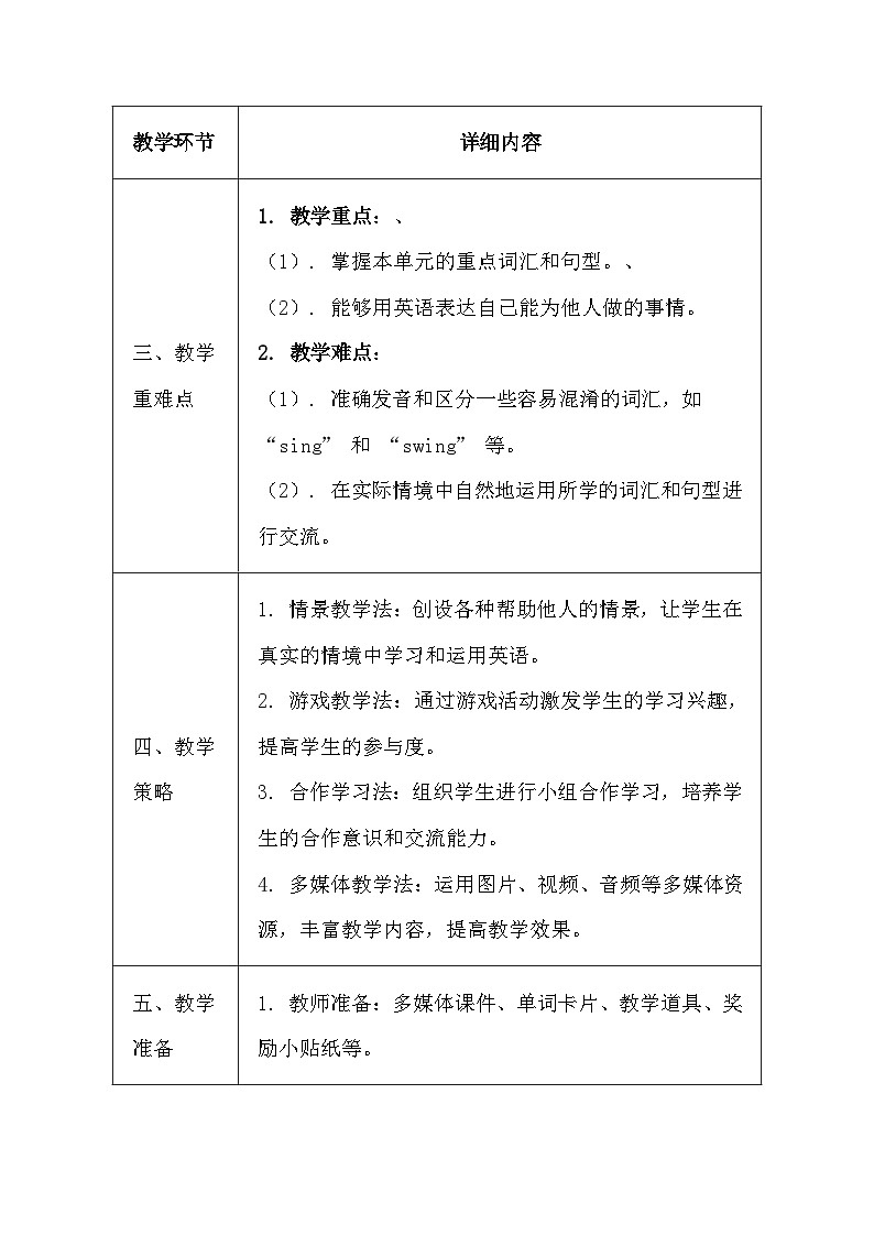 译林版(三起)(2024)三年级上册英语Unit 8 I can do this for you!教学设计(表格式)第2页