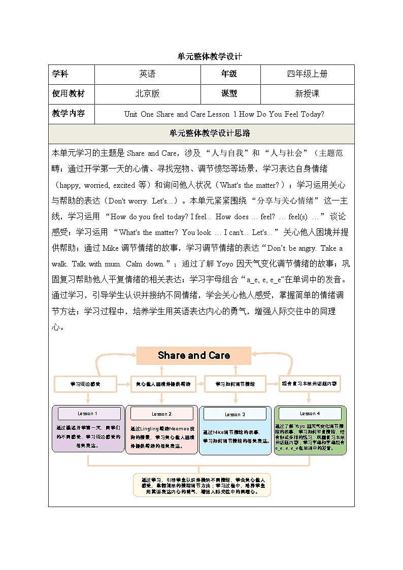 Unit 1 Share and Care Lesson 1 教學(xué)設(shè)計(jì)第1頁