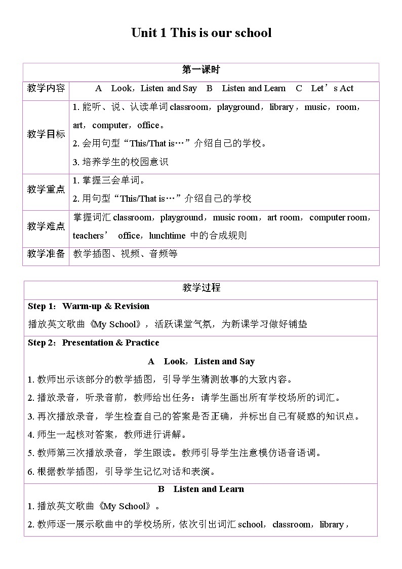 Unit 1 This is our school 教学设计 湘少版(三起)(2024)四年级英语上册第1页