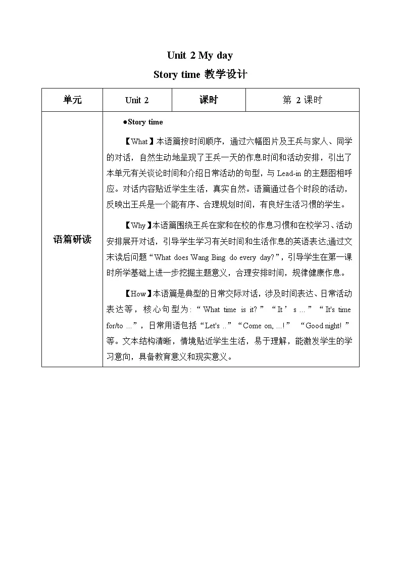 新译林版小学英语四上Unit2 第2课时 Story time表格式教学设计第1页
