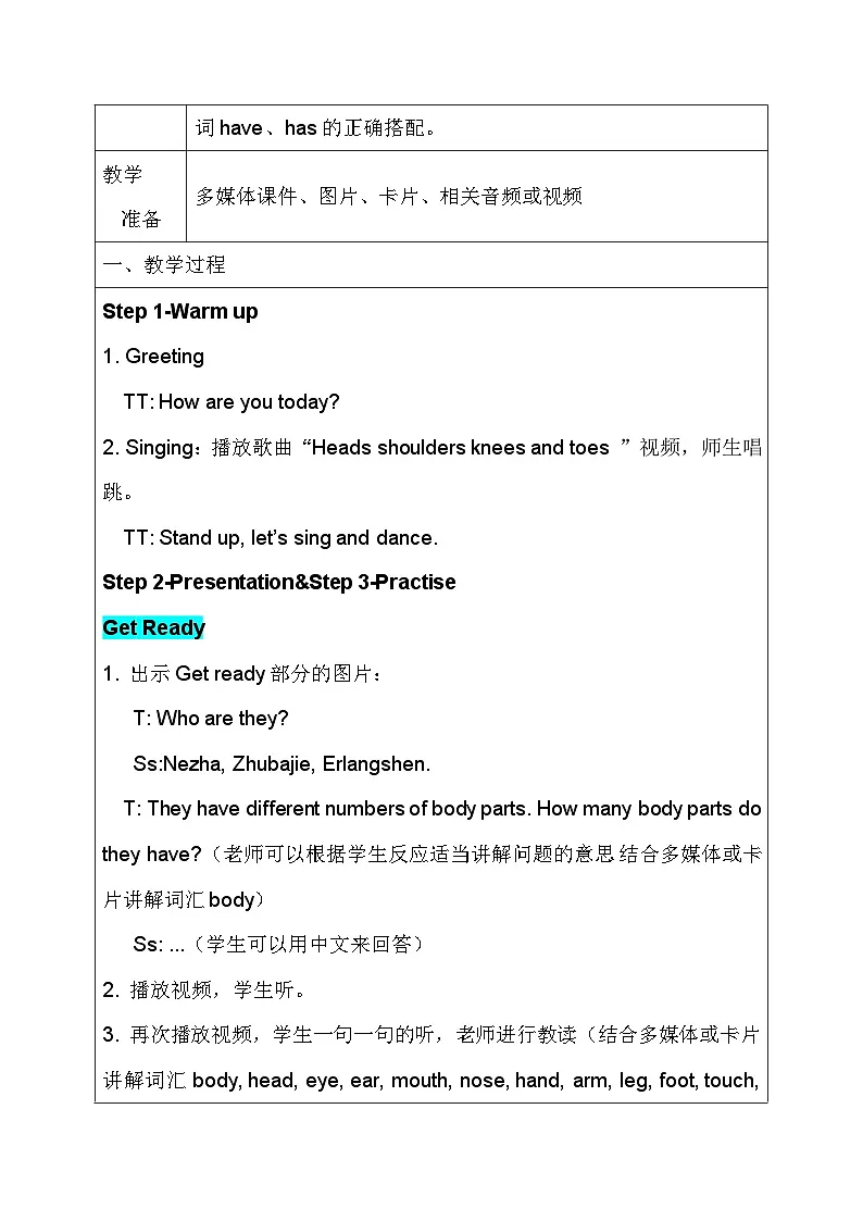 外研版(三起)(2024)三年级下册英语Unit 2《Know your body》教案(共4课时)第2页